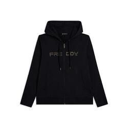 Sweat-shirt zippé pour femmes doté de capuche et de bande avec logo