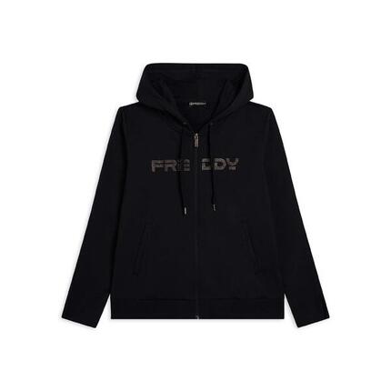 Sweat-shirt zippé pour femmes doté de capuche et de bande avec logo