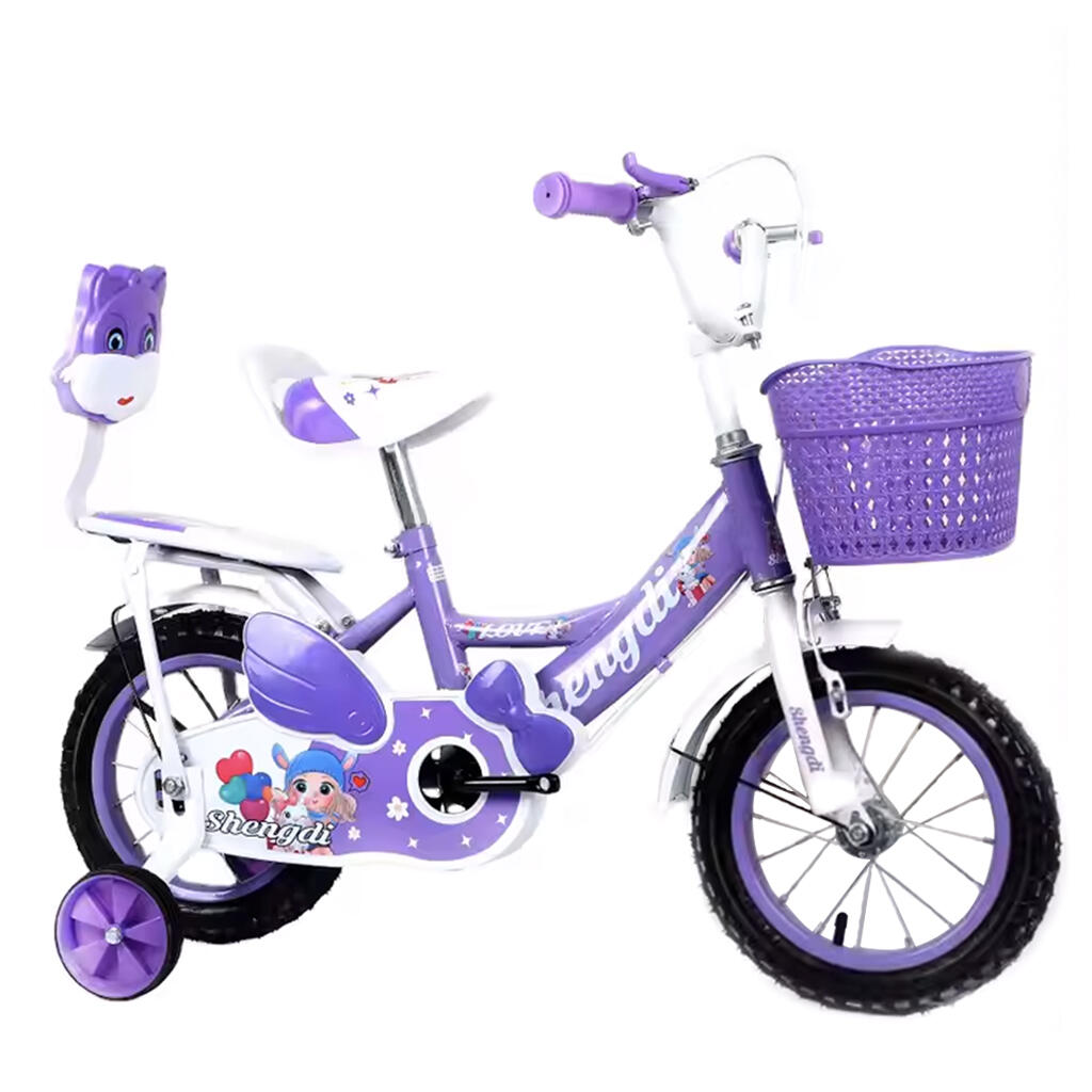 Bicicleta copii 3 - 6 ani, 14 inch, Mov, Doua locuri, Roti ajutatoare, Frane