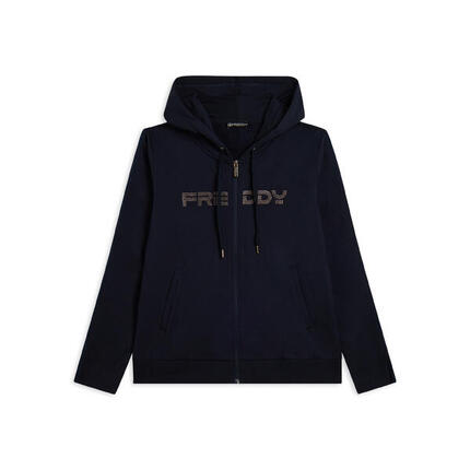 Sweat-shirt zippé pour femmes doté de capuche et de bande avec logo