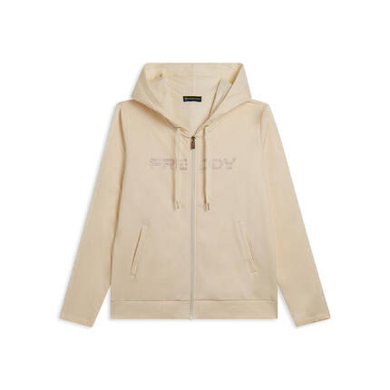 Sweat-shirt zippé pour femmes doté de capuche et de bande avec logo