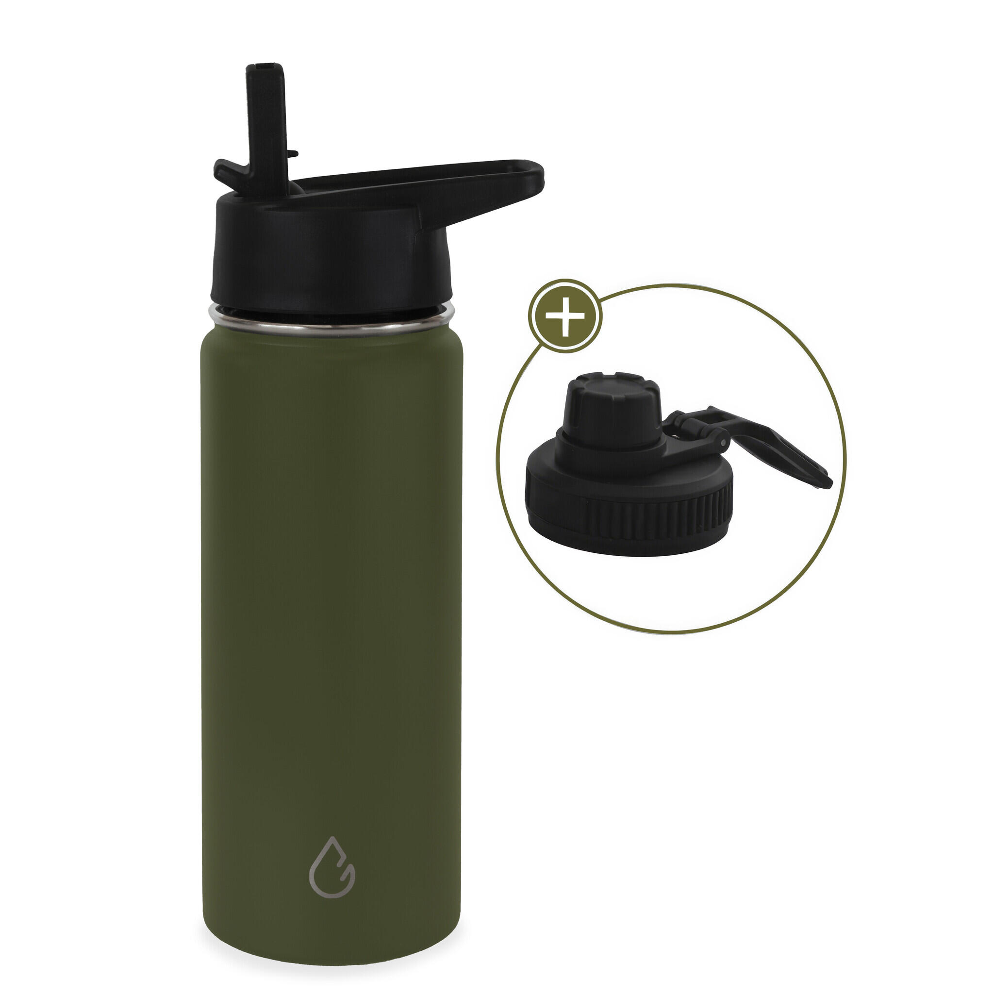 WATTAMULA PRO waterfles RVS olijfgroen 530 ml - dop met rietje en sportdop