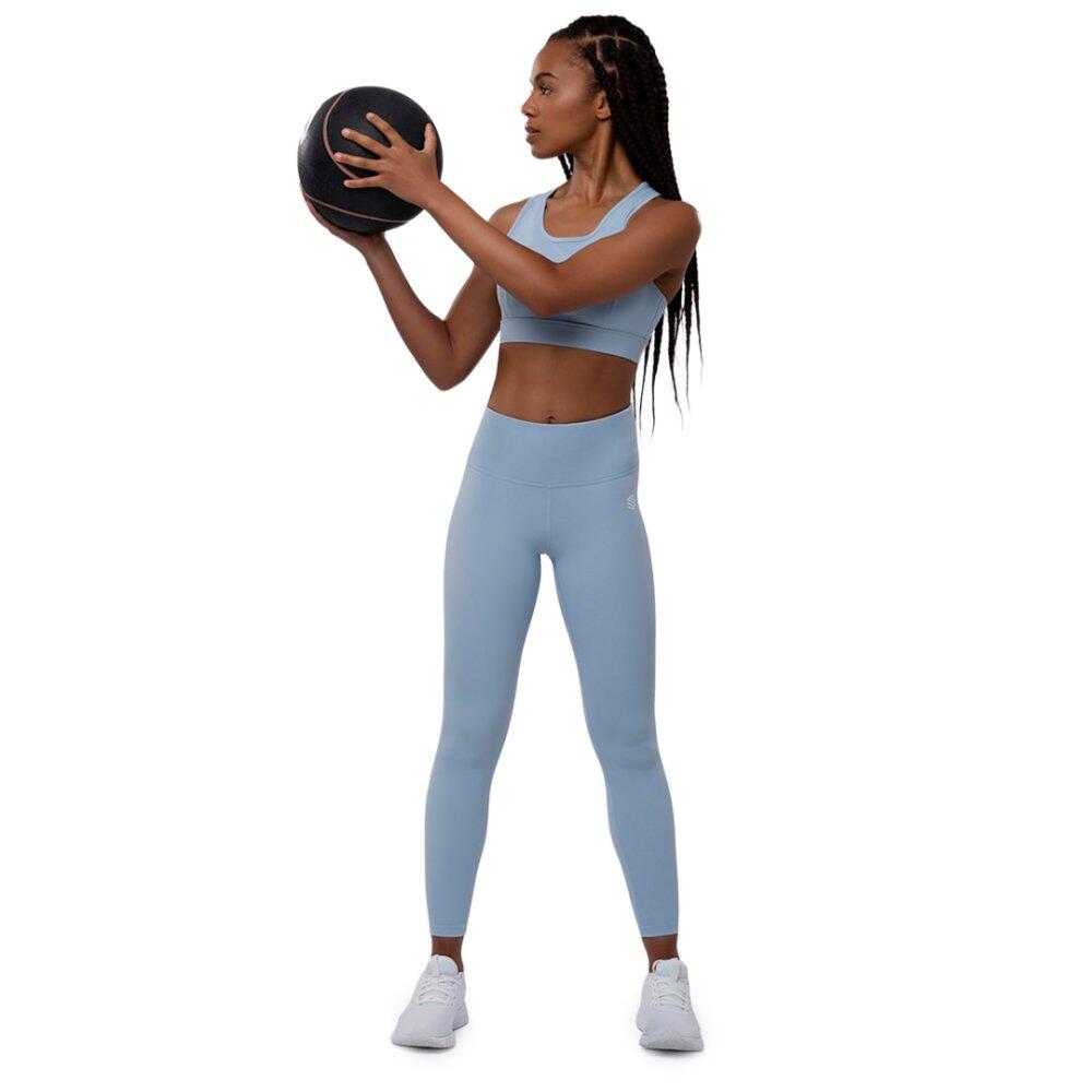 Damen Fitness Trainingsleggings mit mittelhohem Bund Shine Himmelblau 3/7