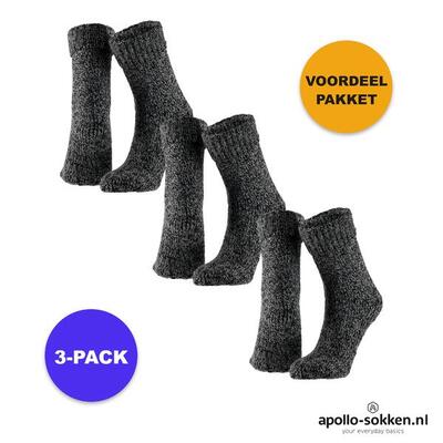 Apollo - wollen huissokken unisex - 3-pack voordeel - zwart - maat 39/42 -