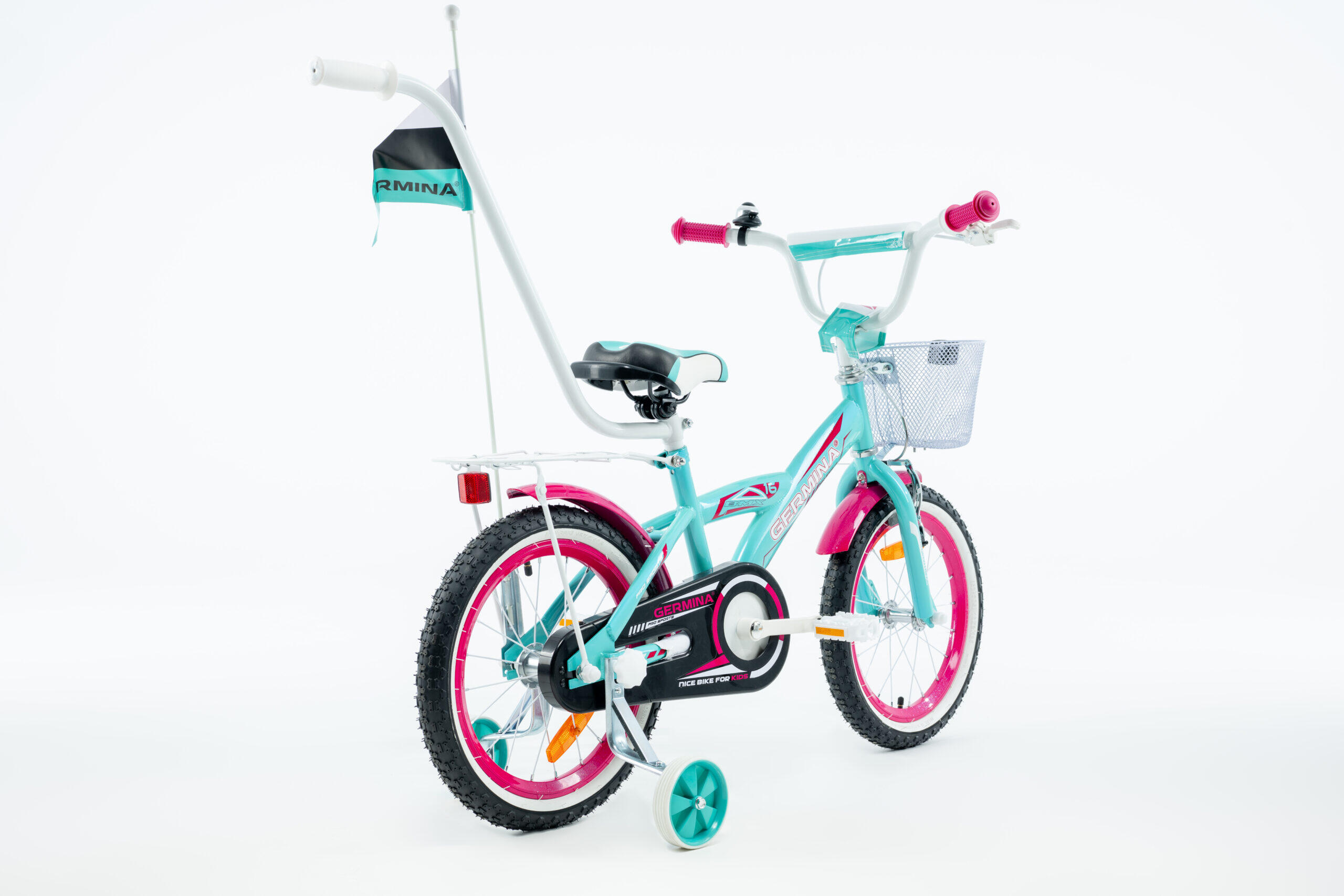 Kinderfiets GERMINA 16 BMX voor meisje met mandje, duwstang, zijwieltjes 3/6