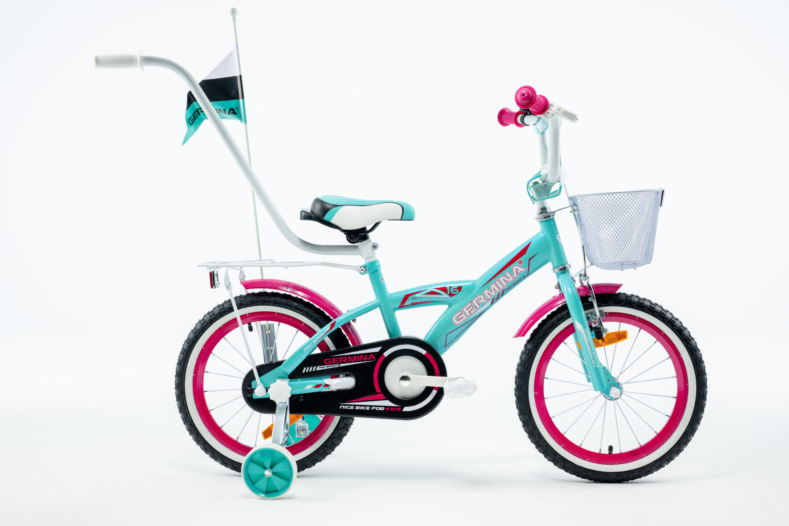 Kinderfiets GERMINA 16 BMX voor meisje met mandje, duwstang, zijwieltjes 2/6