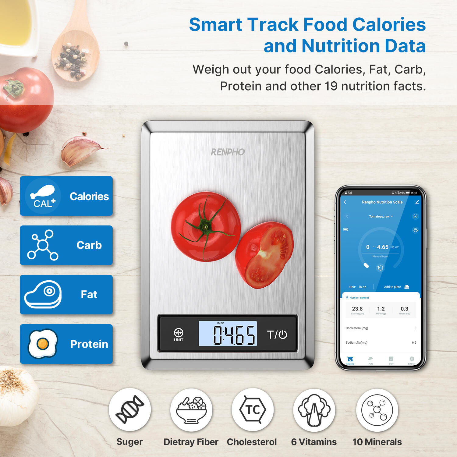 Renpho Balance de cuisine intelligente CALIBRA 1 inox gris LCD 5kg 3/6
