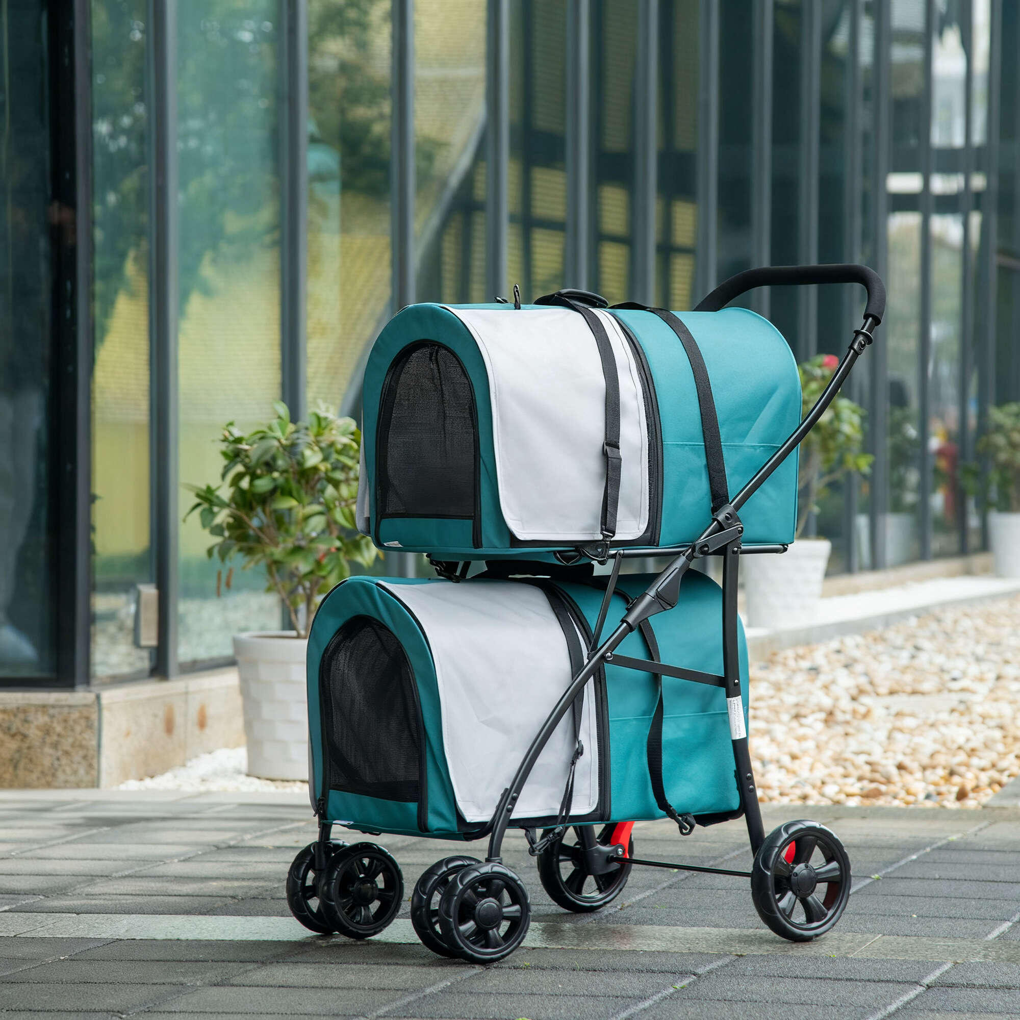 Cochecito doble para perros plegable PawHut 66x50x98 cm verde 2/6