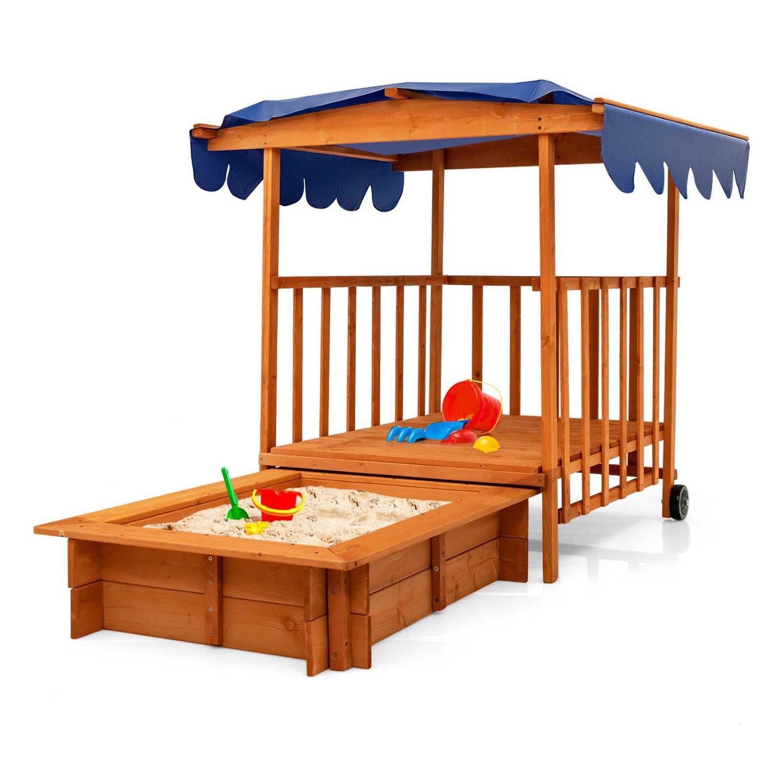 Wooden Kids Sandpit Play Station Outdoor Playground Sandbox w/Canopy