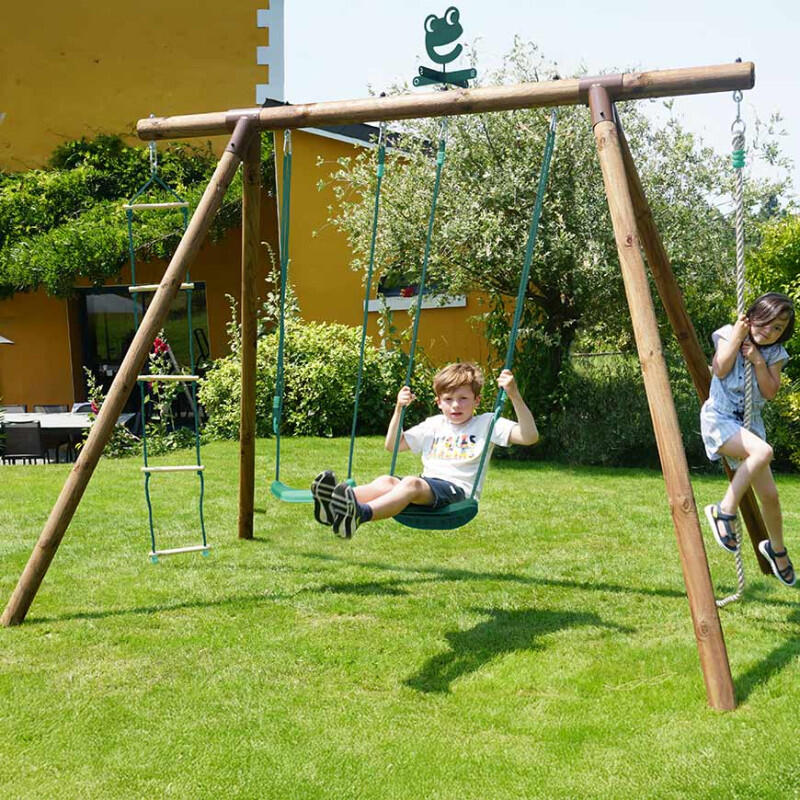 Portique en bois rond 4 agrès avec corde et échelle ERNEST 3/5