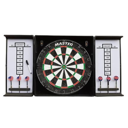 Aluminiumschrank mit MASTER-Zielscheibe und Dartpfeilen