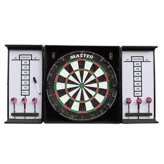 Aluminiumschrank mit MASTER-Zielscheibe und Dartpfeilen