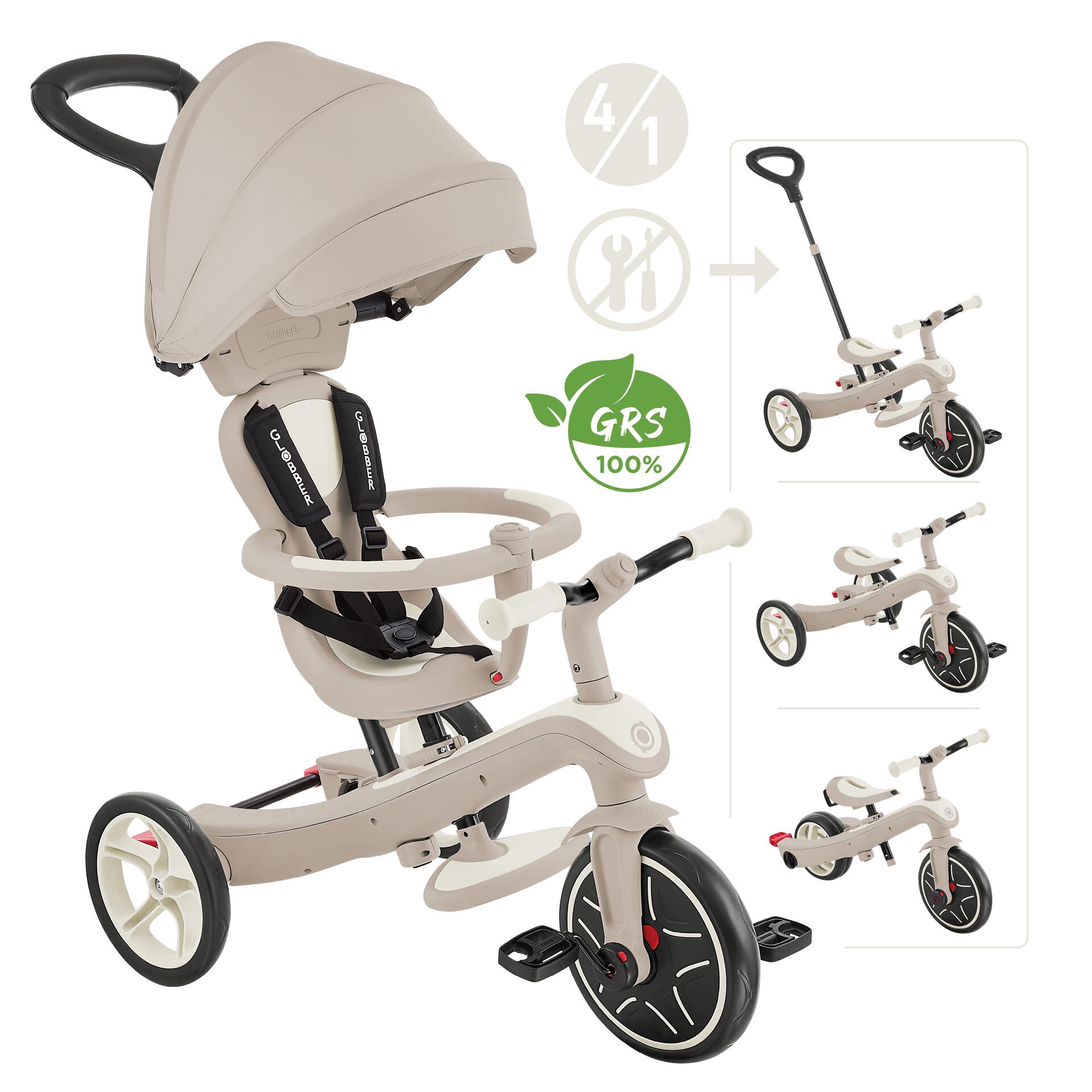 Globber - Tricycle Évolutif Explorer 4 En 1 Deluxe Eco - Taupe - Tricycle - Blanc - 10" - Decathlon