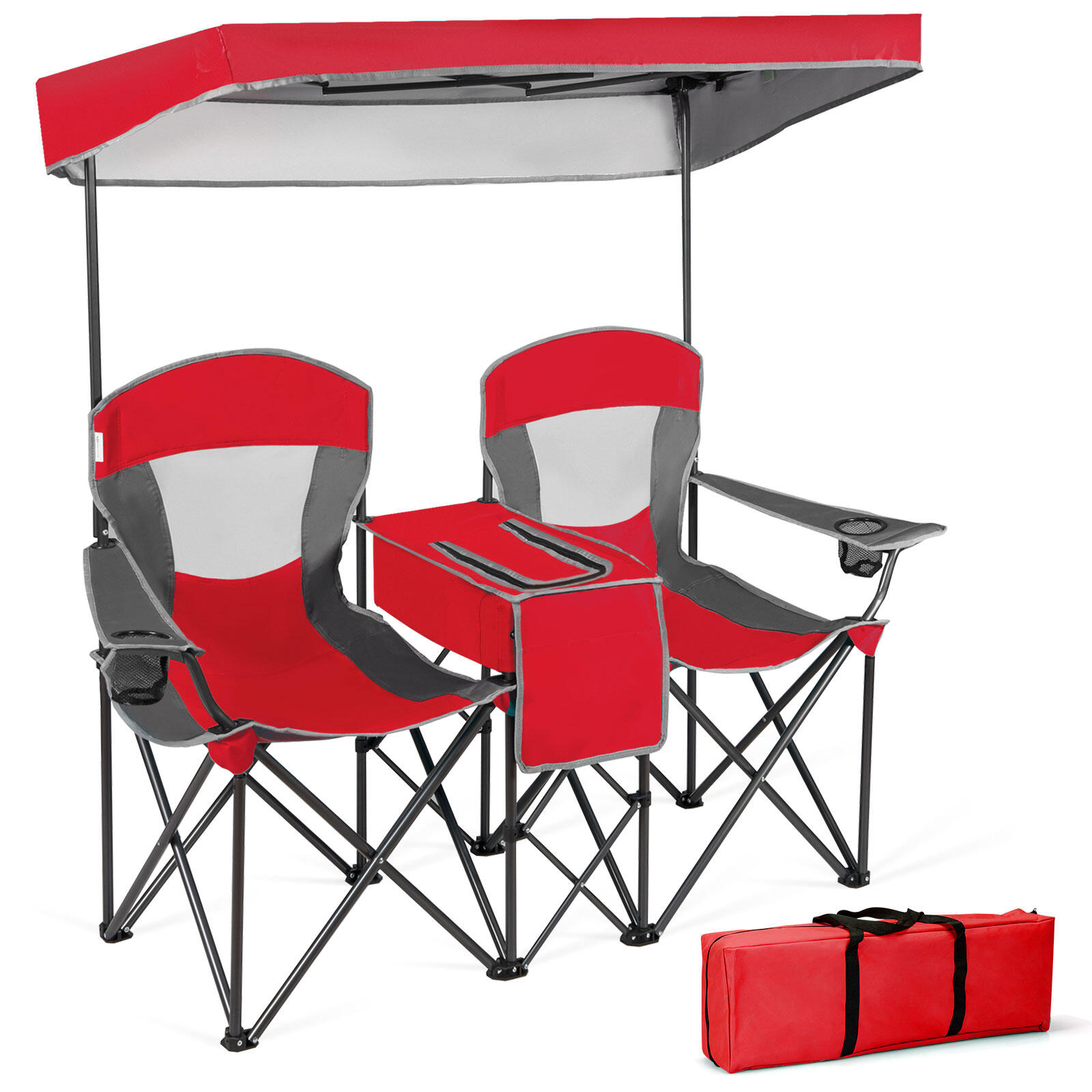 Outdoor Camping Folding Beach Armchairs Sun Shade w/Carry Bag & Canopy Red