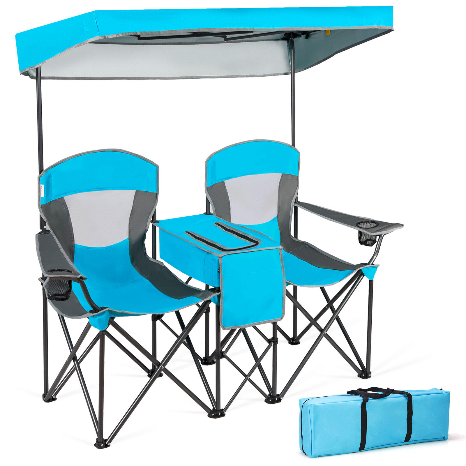 Outdoor Beach Chairs Folding Camping Chairs Sun Shade w/Canopy & Carry Bag Blue