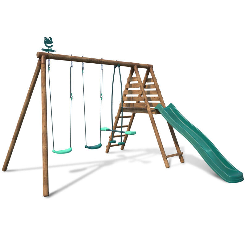 Portique en bois rond 3 agrès avec face à face et toboggan VIOLETTE 1/5