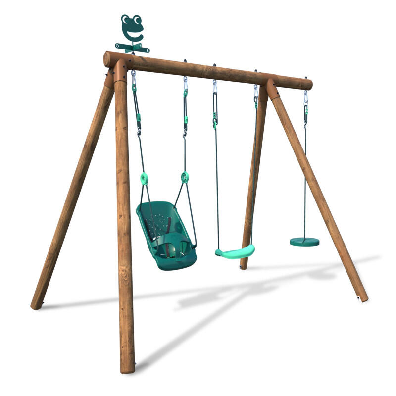 Portique en bois rond 3 agrès avec balançoire bébé et corde disque TIAGO 1/5