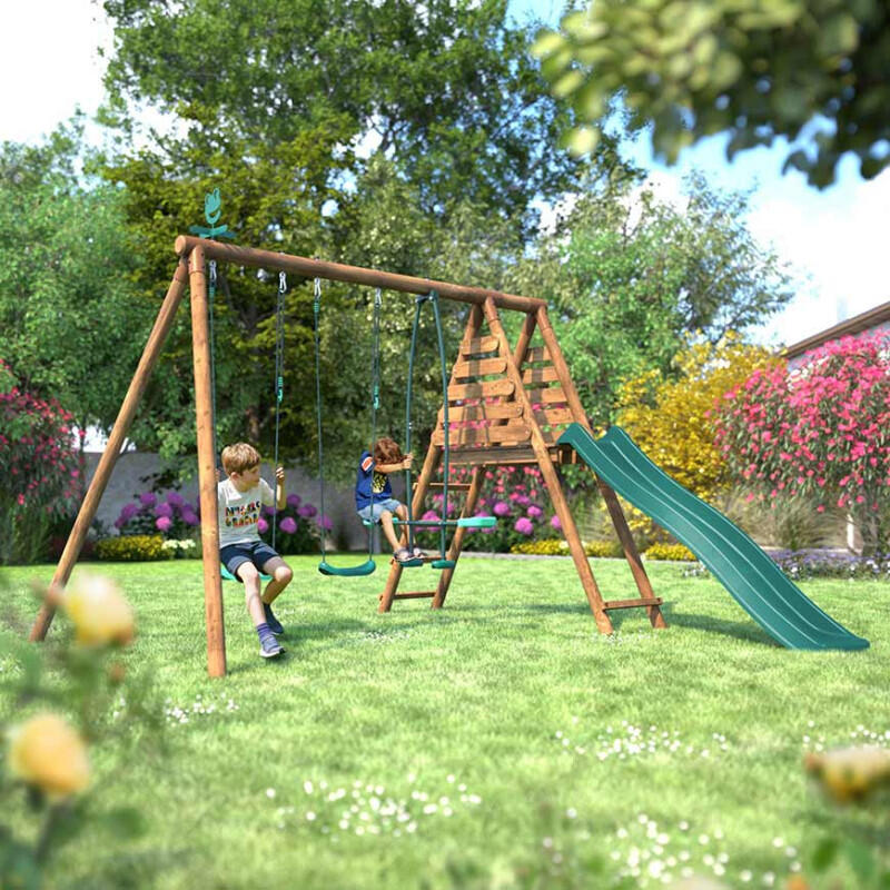 Portique en bois rond 3 agrès avec face à face et toboggan VIOLETTE 3/5