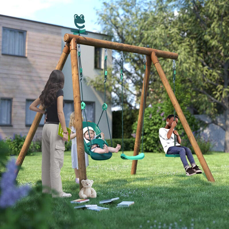 Portique en bois rond 3 agrès avec balançoire bébé et corde disque TIAGO 3/5