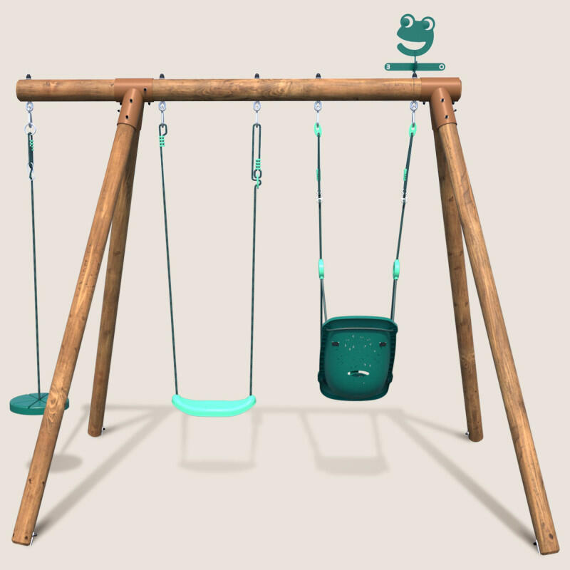 Portique en bois rond 3 agrès avec balançoire bébé et corde disque TIAGO 2/5
