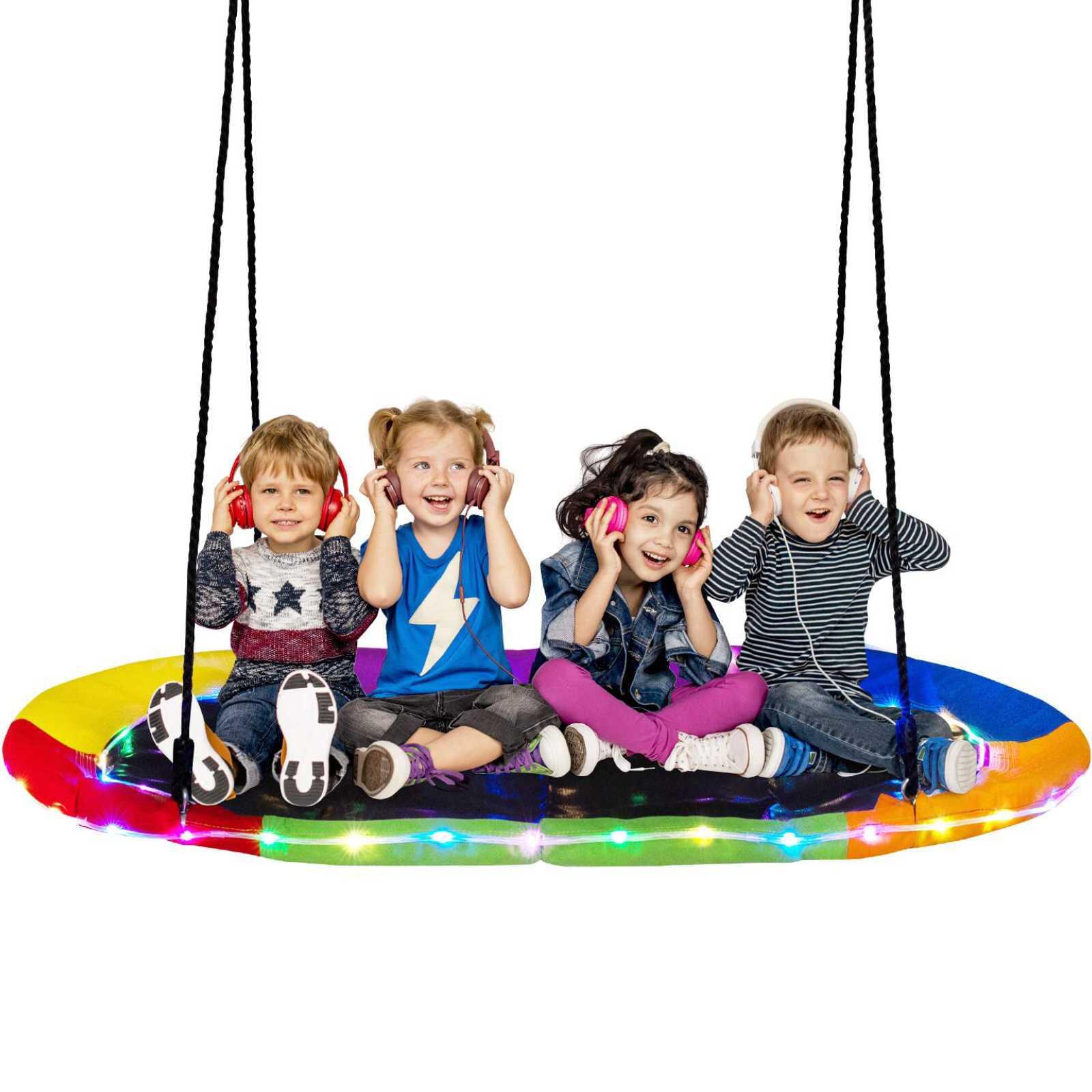 150cm Tree Swing Oval-Shaped Seat Oxford Outdoor Saucer Swing w/LED Lights