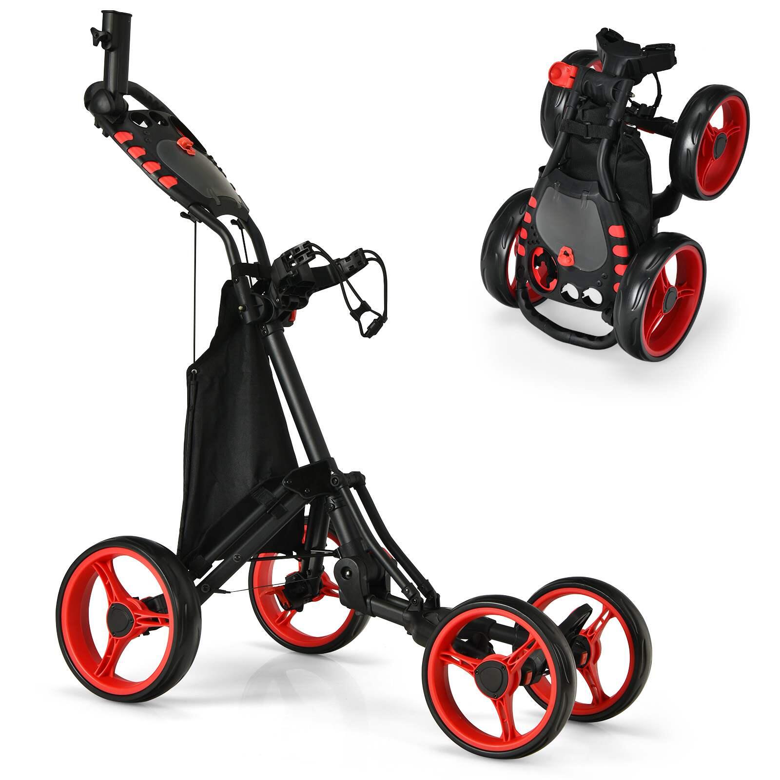 Folding 4 Wheel Golf Push Cart with Cooler Bag and Ample Storage Space