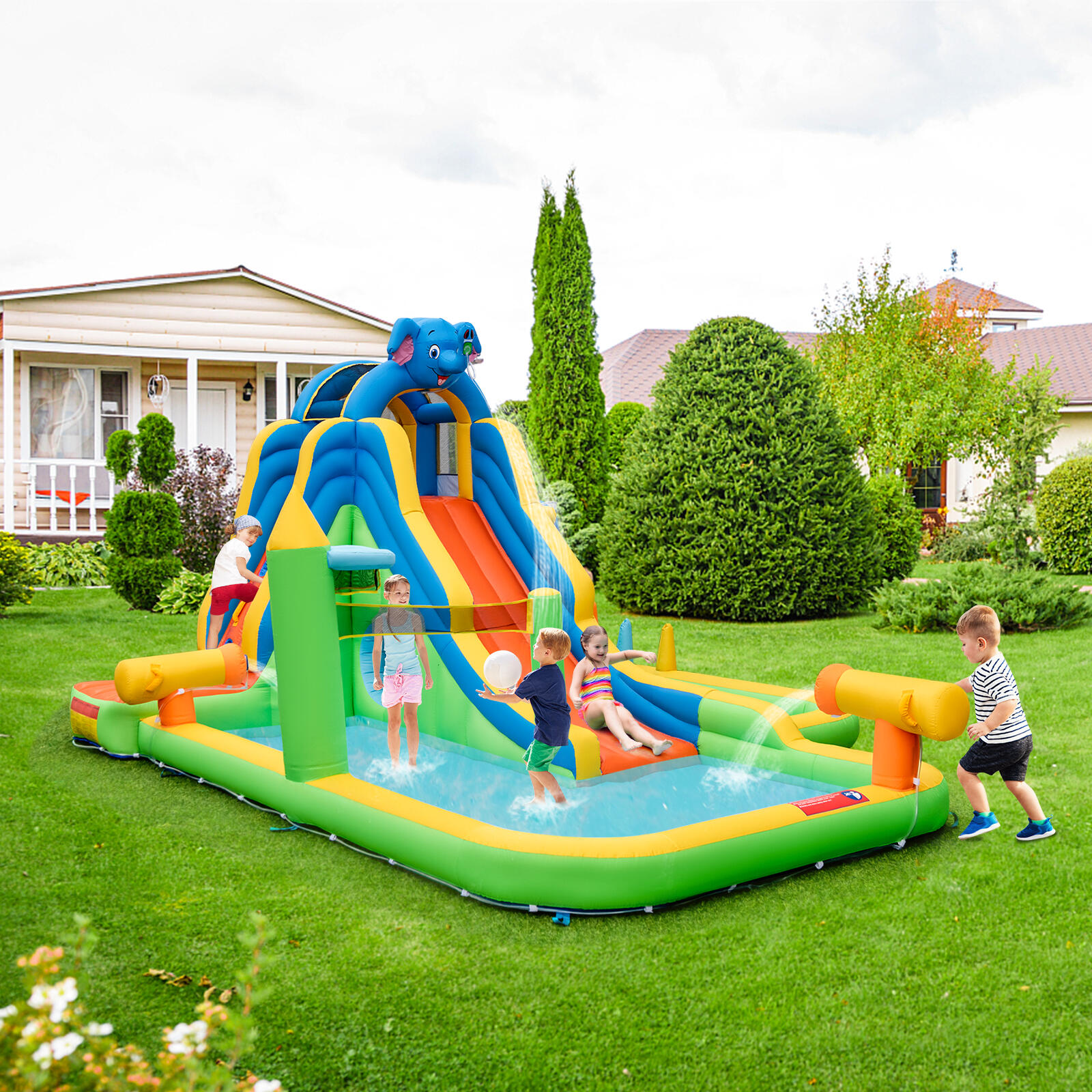 9-in-1 Inflatable Water Slide, Giant Blow-up Pool (No Blower)