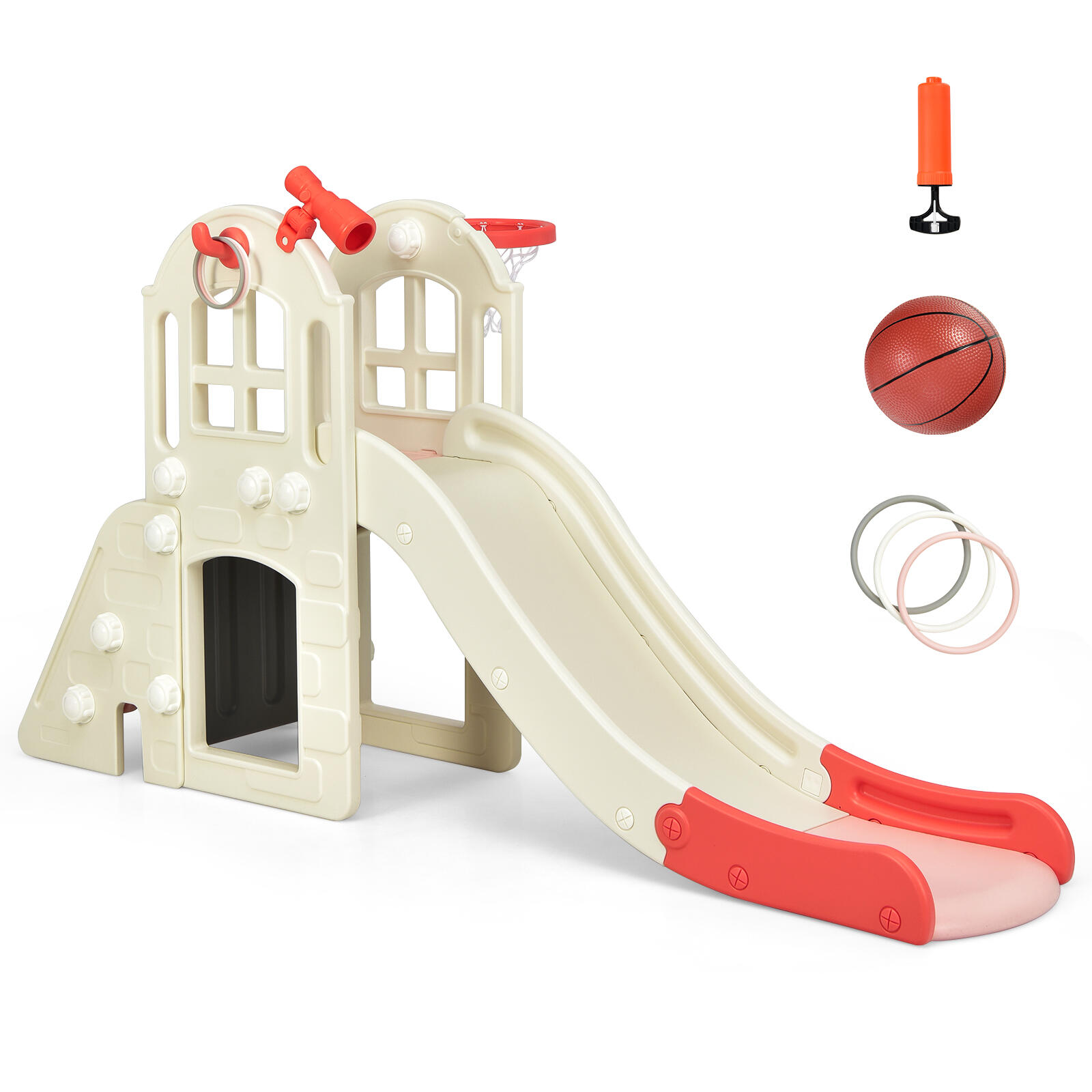Kids Slide Sets Climber Tunnel House Play Center w/Basketball Hoop Pink