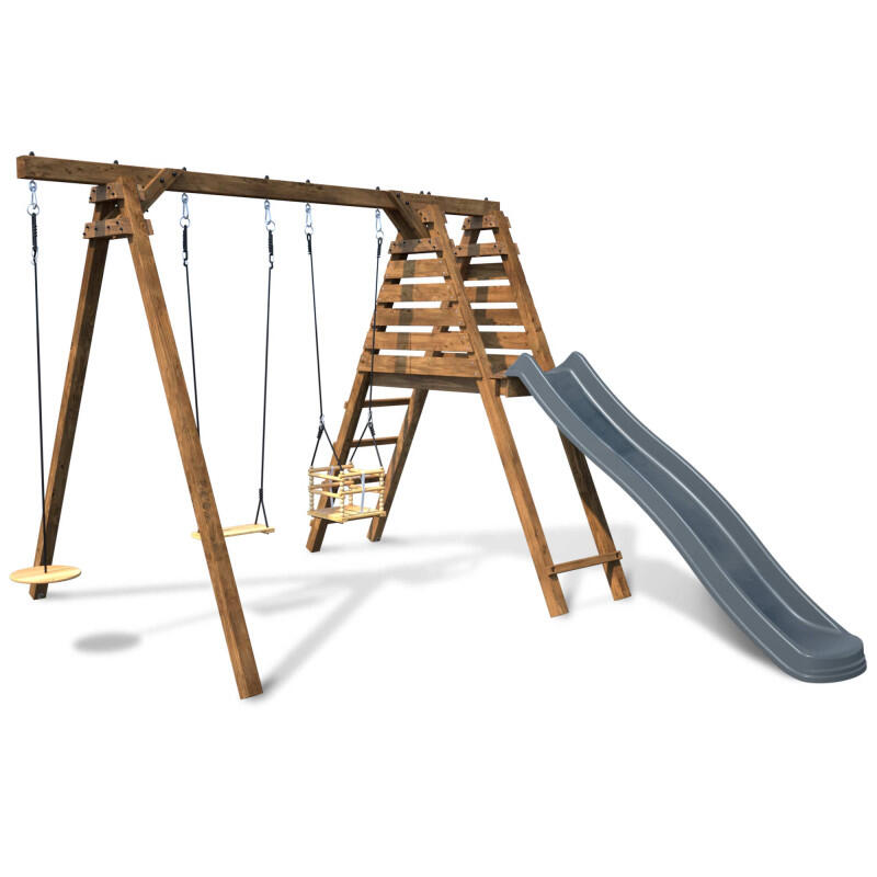 Portique en bois carré 3 agrès balançoire bébé, corde disque et toboggan FLEUR 1/5