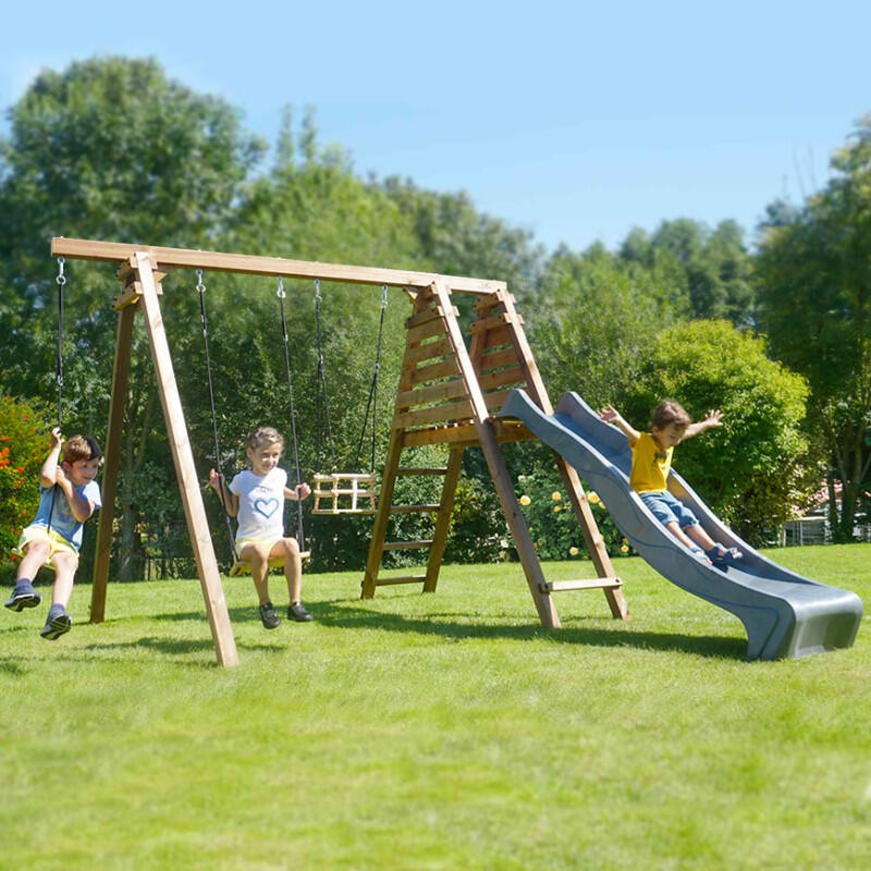 Portique en bois carré 3 agrès balançoire bébé, corde disque et toboggan FLEUR 3/5