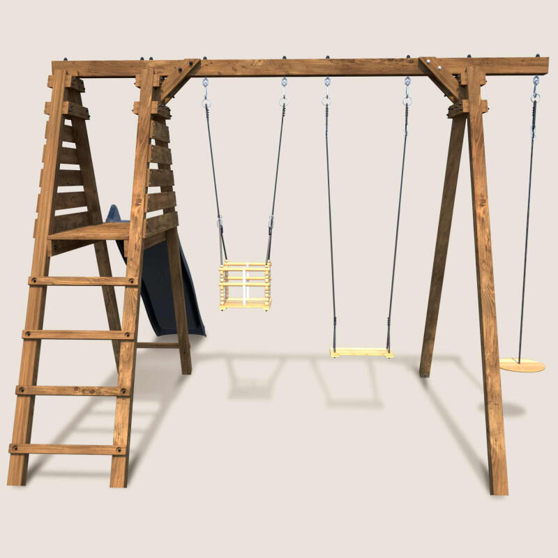 Portique en bois carré 3 agrès balançoire bébé, corde disque et toboggan FLEUR 2/5