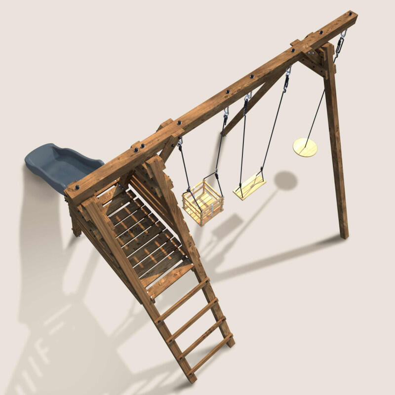 Portique en bois carré 3 agrès balançoire bébé, corde disque et toboggan FLEUR 5/5