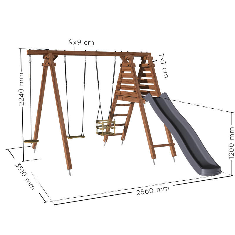 Portique en bois carré 3 agrès balançoire bébé, corde disque et toboggan FLEUR 4/5