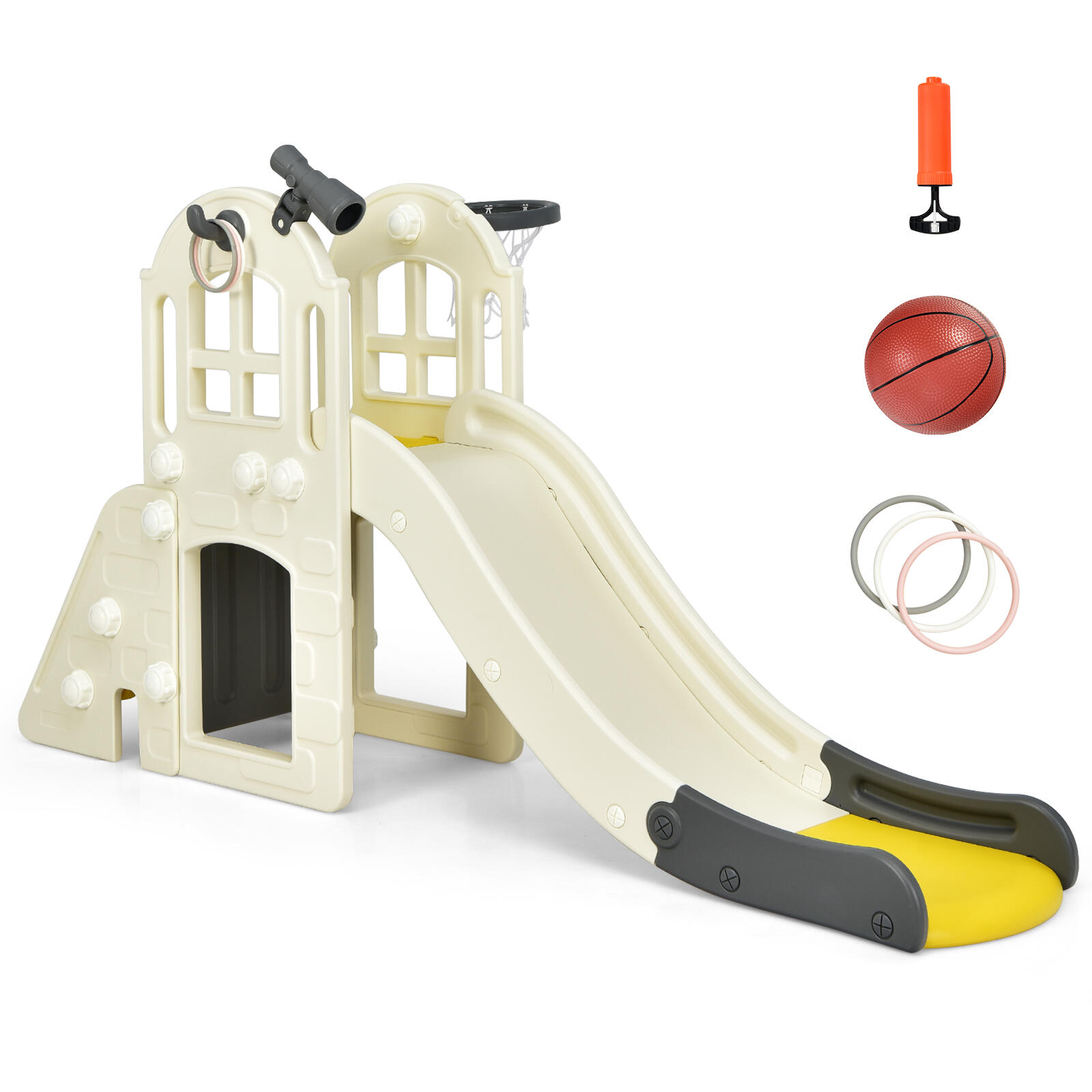 Kids Slide Sets Climber Tunnel House Play Center w/Basketball Hoop Yellow