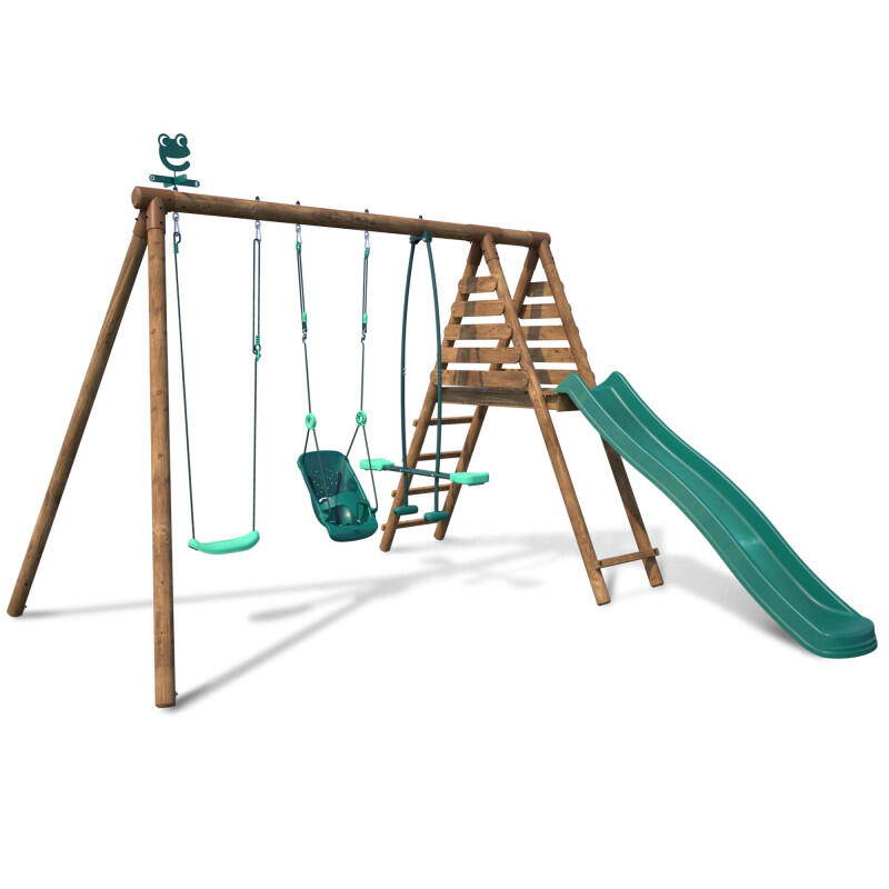 Portique en bois rond 3 agrès balançoire bébé, face à face et toboggan TULIPE 1/5