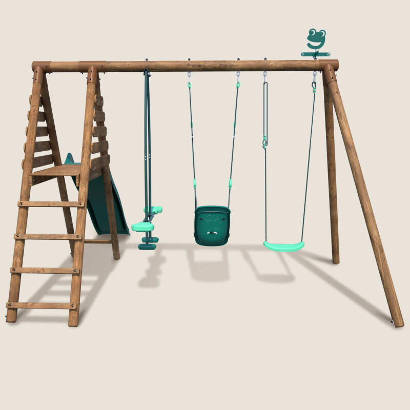 Portique en bois rond 3 agrès balançoire bébé, face à face et toboggan TULIPE 2/5