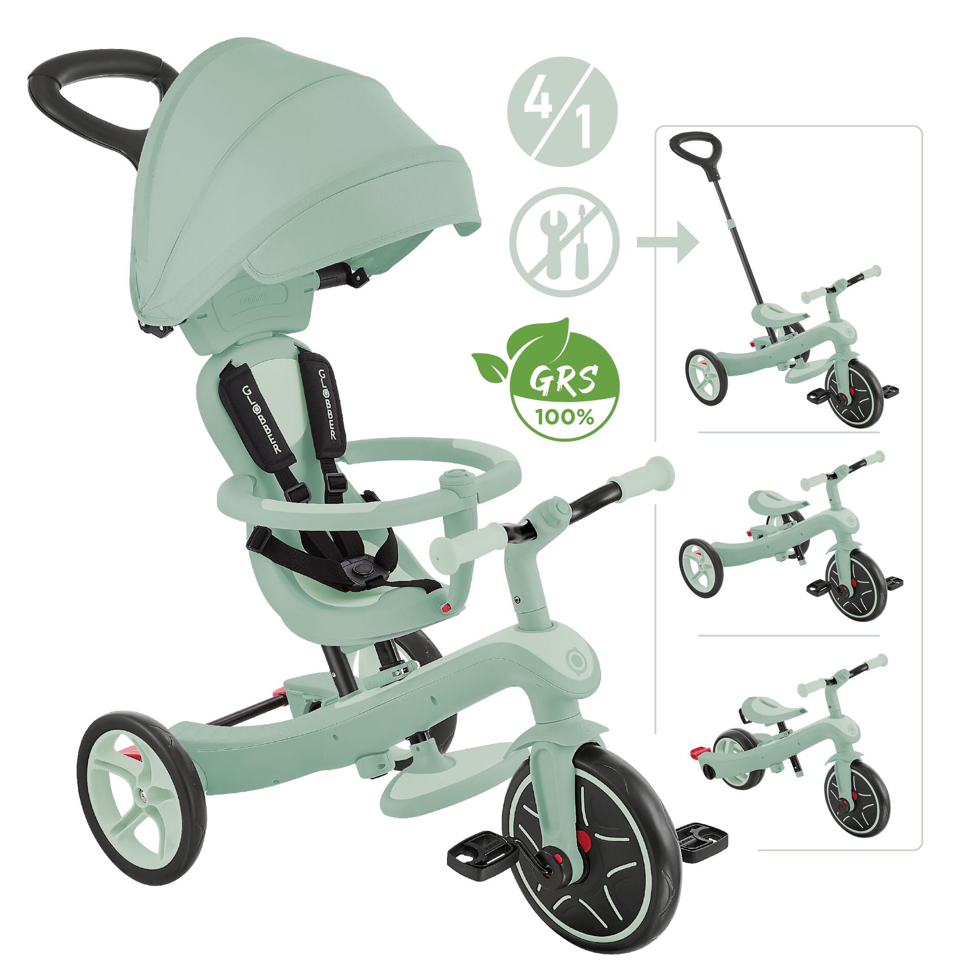 Globber - Tricycle Évolutif Explorer 4 En 1 Deluxe Eco - Vert Pistache - Tricycle - Vert - 10" - Decathlon