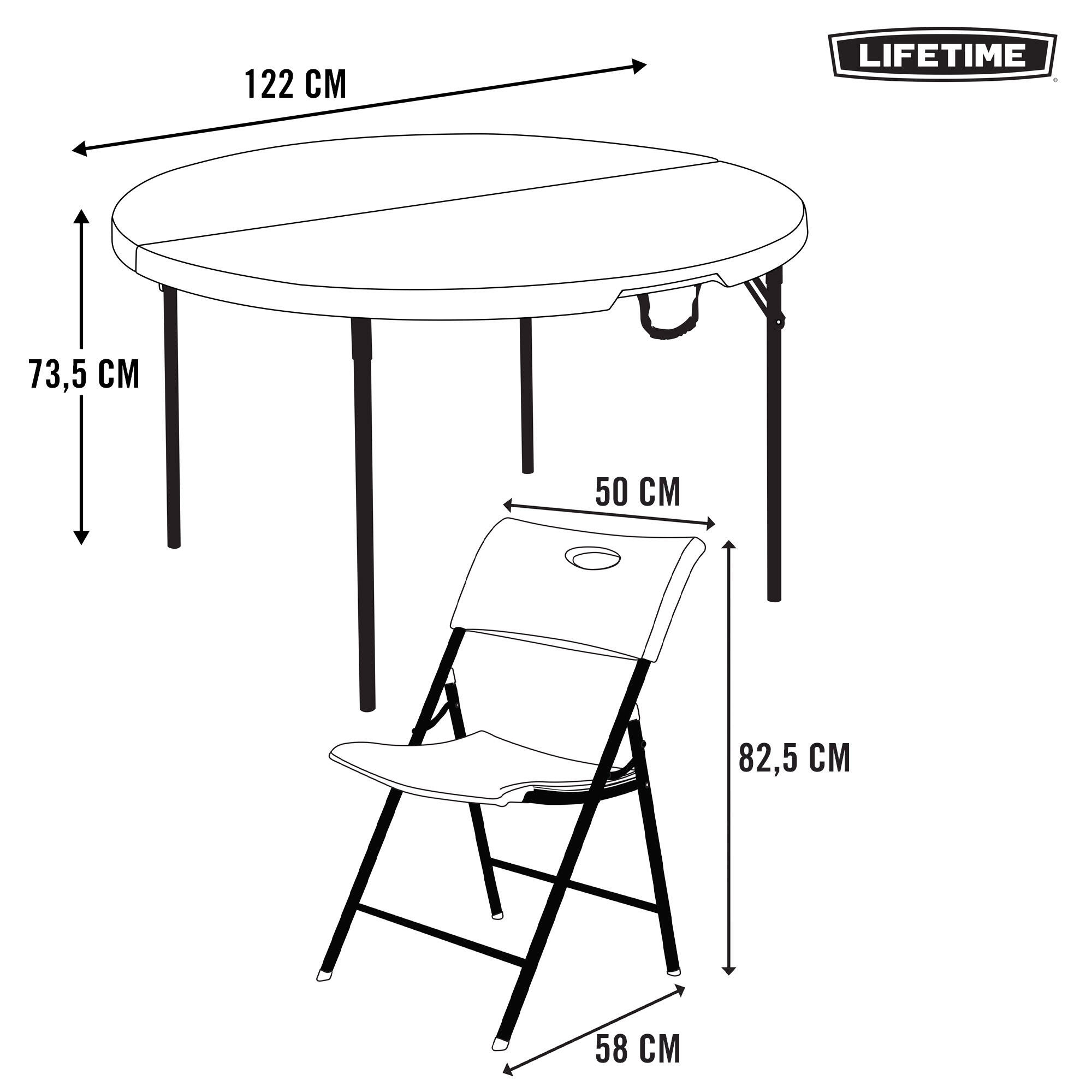 Pack mesa dobrável redonda Ø122 cm + 4 cadeiras dobráveis brancas Lifetime 4/7