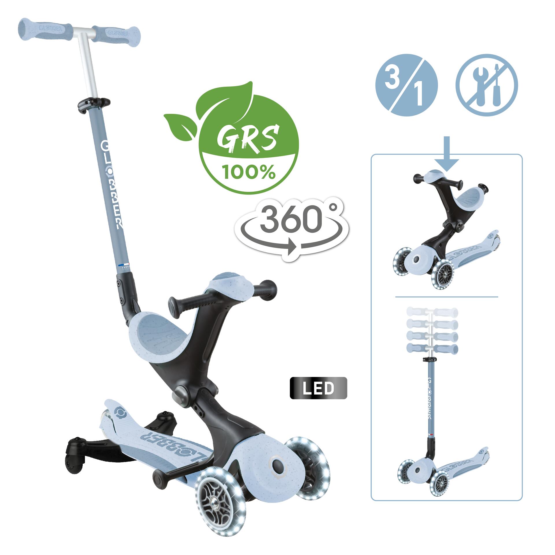 Globber - Trottinette Évolutive Go-up Deluxe Lights Eco 360 - Bleu Ciel - Trottinette - Bleu - Taille Unique - Decathlon