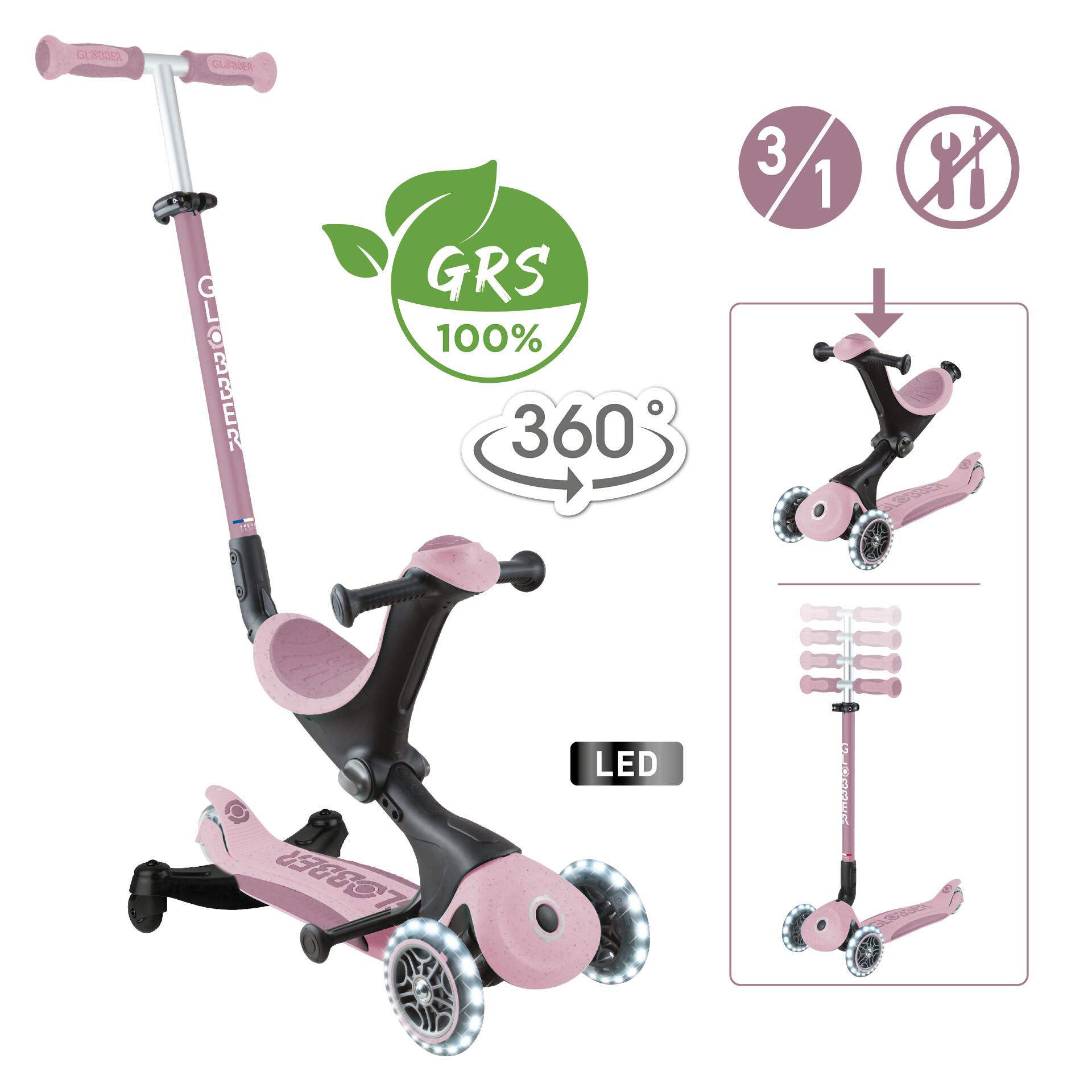 Globber - Trottinette Évolutive Go-up Deluxe Lights Eco 360 - Rose Berry - Trottinette - Rose - Taille Unique - Decathlon