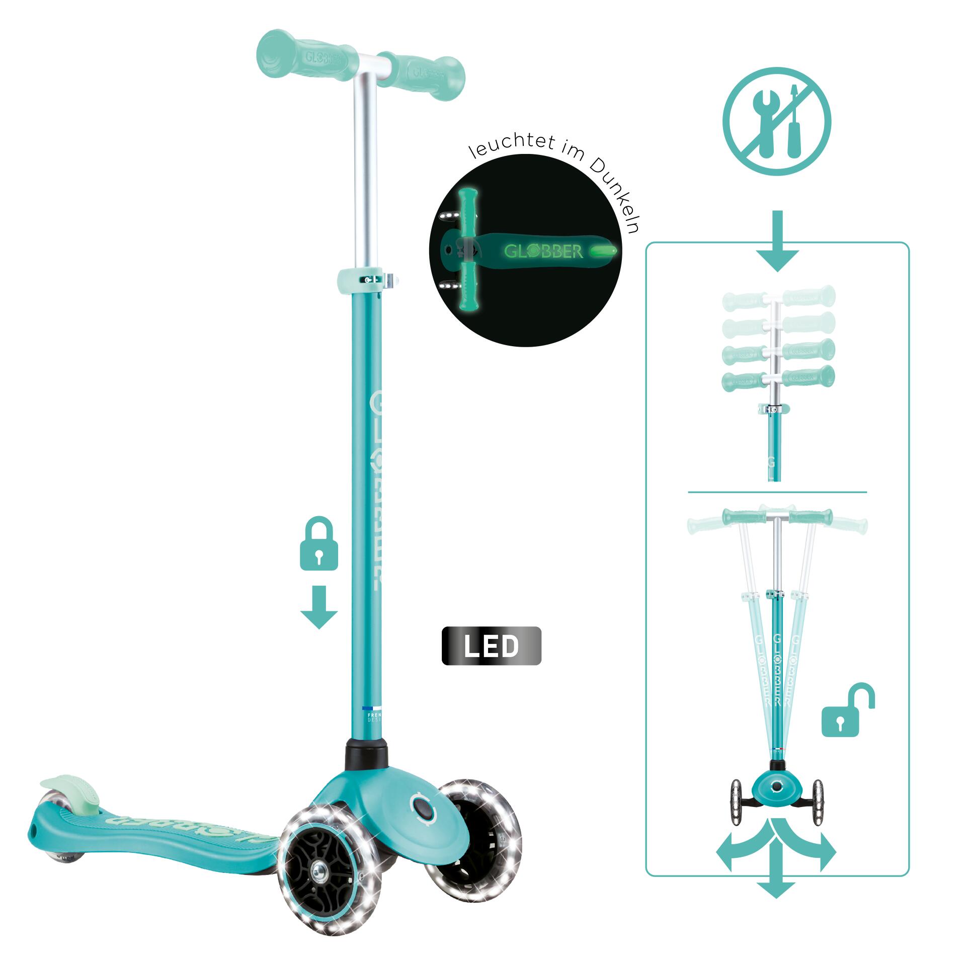 Globber - Trottinette 3 Roues Primo Plus Glow Lights - Vert Menthe - Trottinette - Vert - Taille Unique - Decathlon