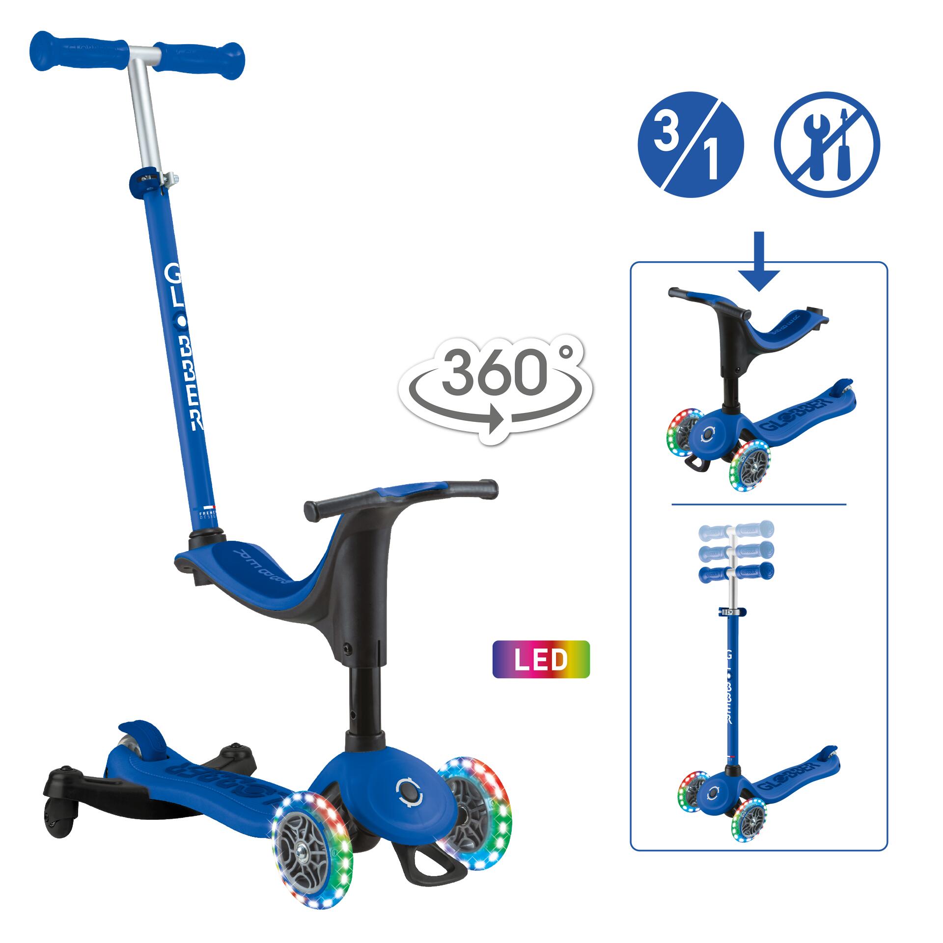 GLOBBER Scooter Laufrad / Dreirad  GO UP Sporty Lights 360°  Navy Blau