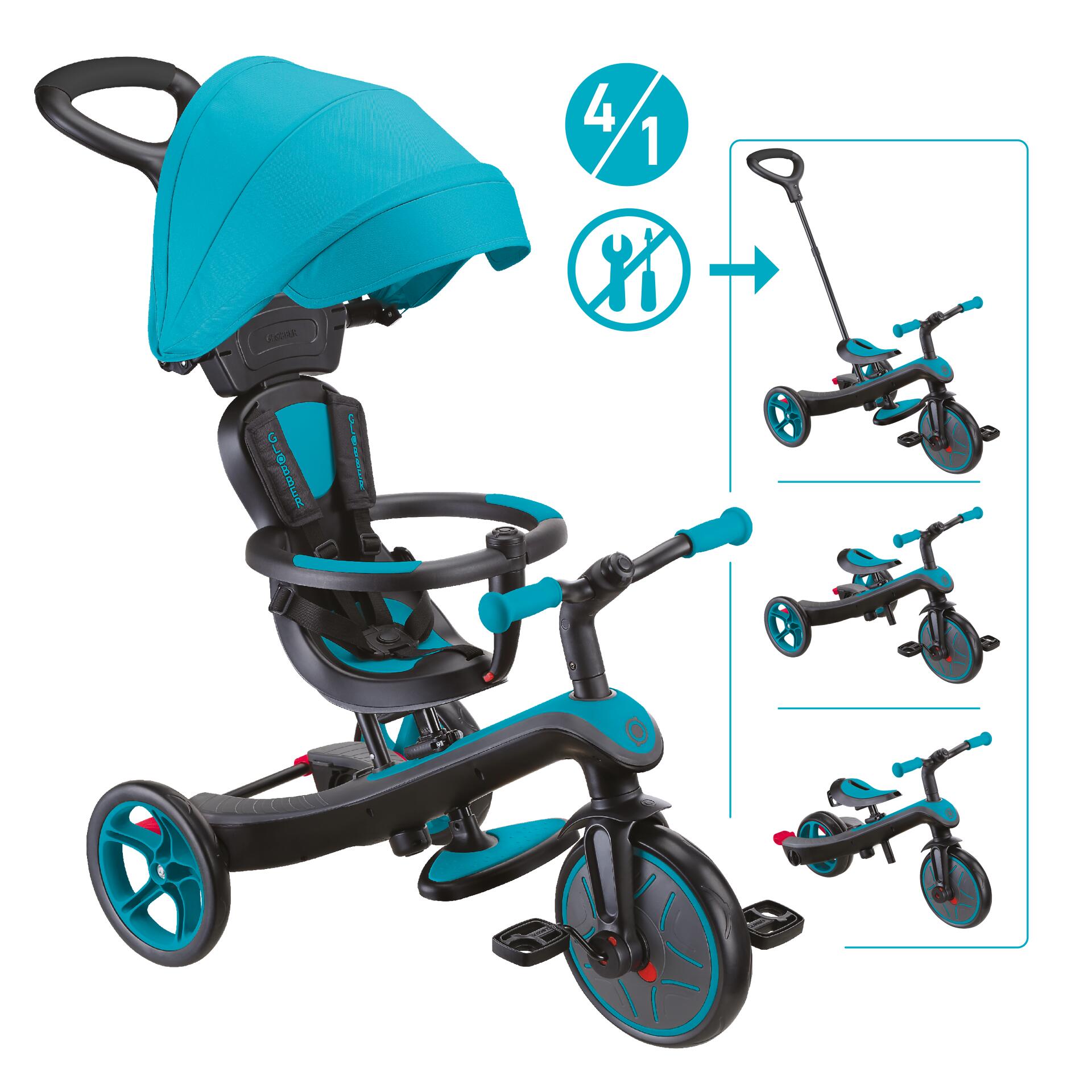 Globber - Tricycle Évolutif Pour Bébé Explorer 4 En 1 - Bleu Canard - Tricycle - Bleu - Decathlon