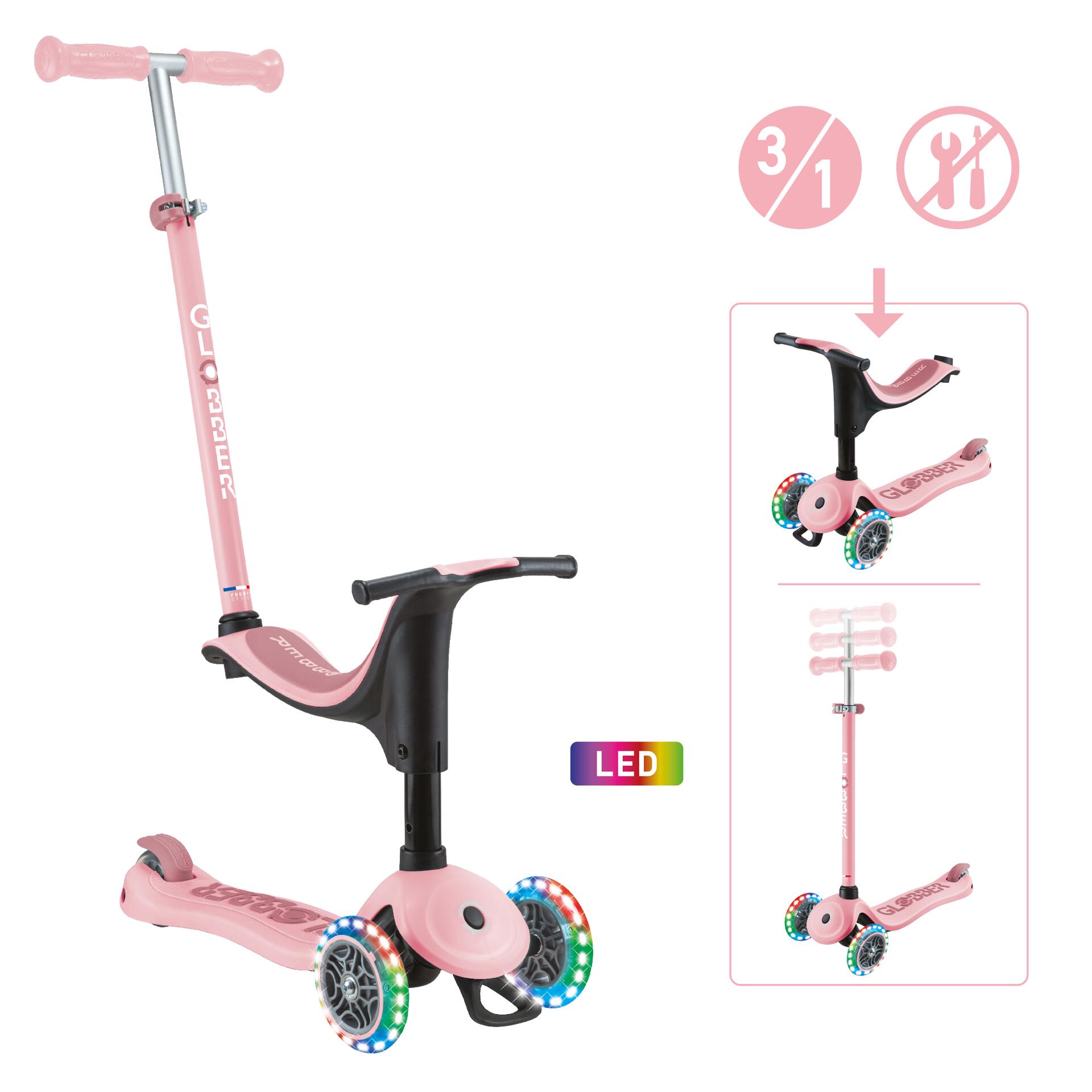 GLOBBER Scooter Laufrad / Dreirad  GO UP Sporty Lights  Deep Pastel Pink