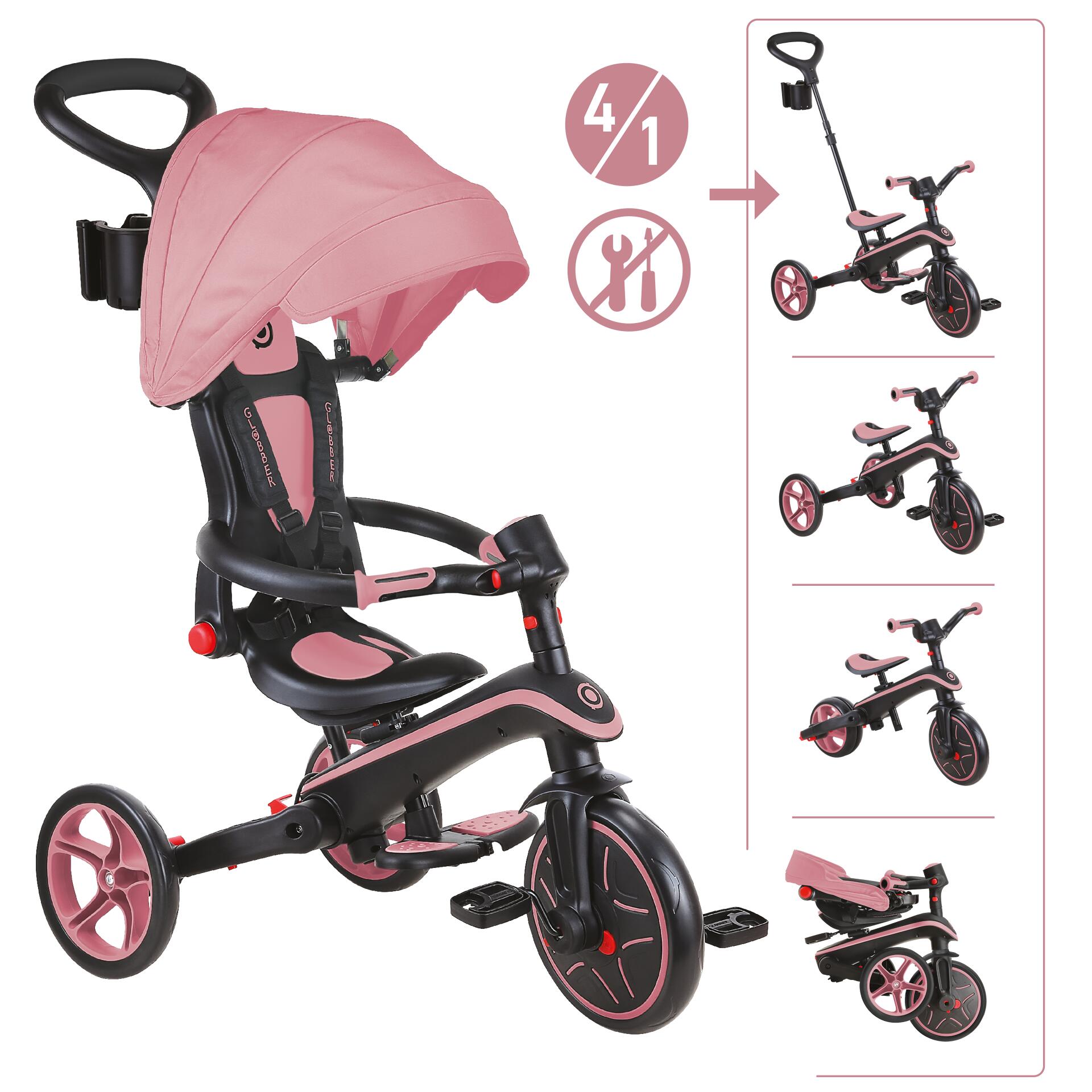 GLOBBER Scooter Laufrad / Dreirad  Trike Explorer 4 in 1 Foldable  Deep Pastel Pink