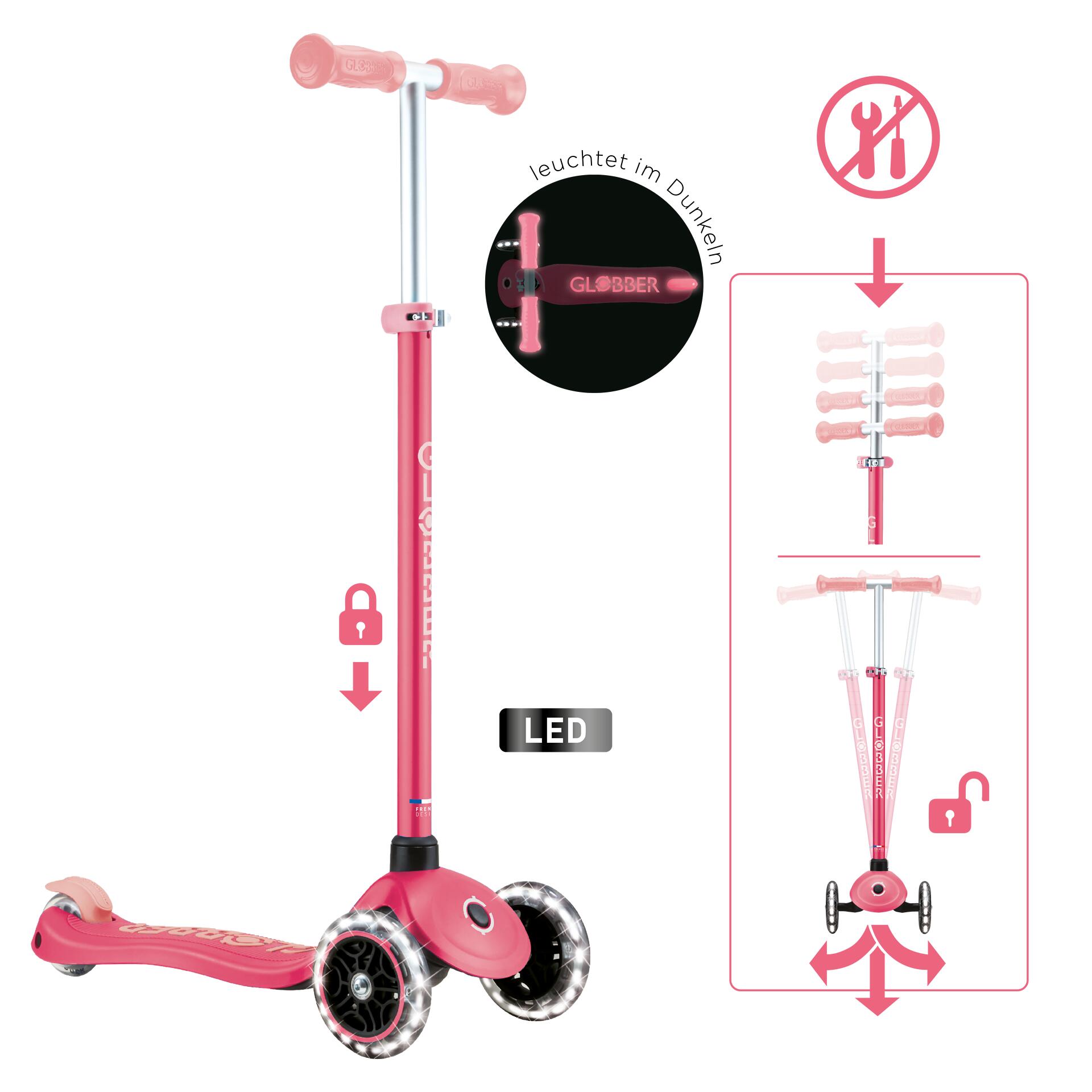 Globber - Trottinette 3 Roues Primo Plus Glow Lights - Rose Corail - Trottinette - Rose - Taille Unique - Decathlon