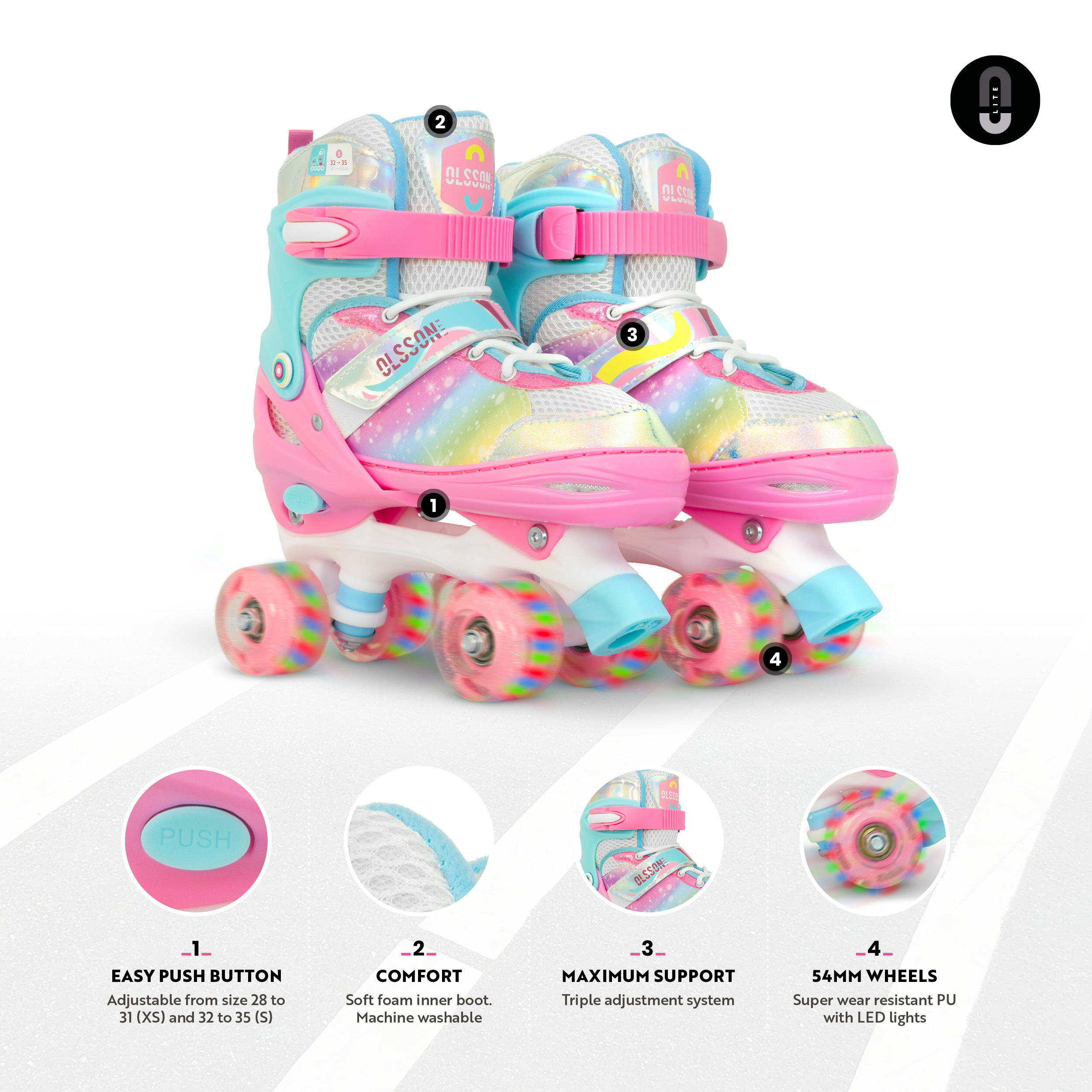 Pattini A Rotelle Regolabili OHMG Super Blades X Pro Per Bambini, Con Ruote LED Illuminate. Comodi E Sicuri Per Principianti, Ragazze E Ragazzi. Taglie S-M-L.