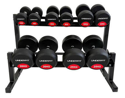 Zestaw hantli gumowanych 2 x 6-22,5 kg 5 par (141 kg) UNDERFIT + stojak STR38