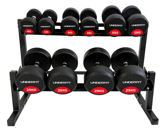 Zestaw hantli gumowanych 2 x 6-22,5 kg 5 par (141 kg) UNDERFIT + stojak STR38
