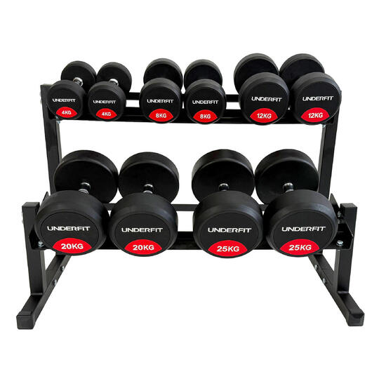 Zestaw hantli gumowanych 2 x 6-22,5 kg 5 par (141 kg) UNDERFIT + stojak STR38